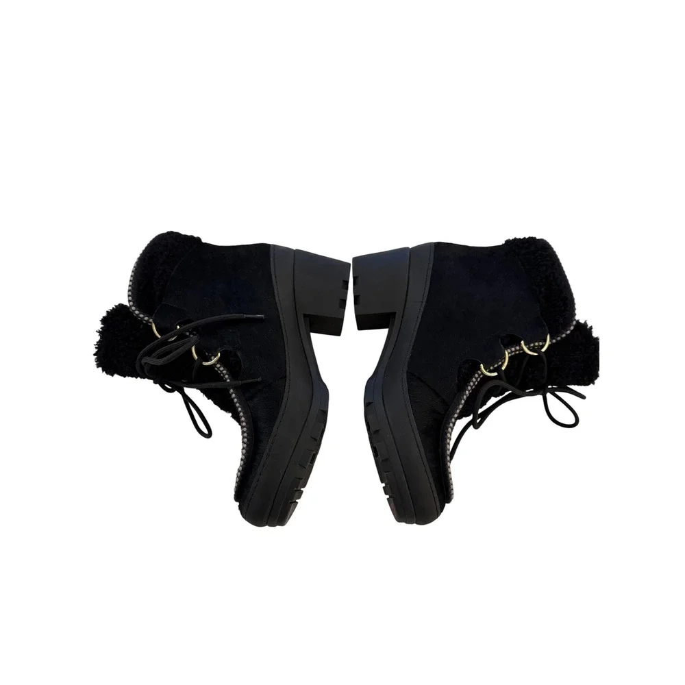 Tory Burch Black Fur Lace Up Lug Sole Ankle Boots Gold Hardware Size 7M